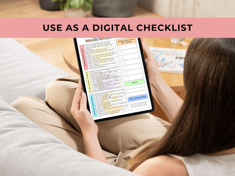 The Weekly Routine Checklist displayed on a tablet while a person sits on a couch looking at it