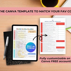 The Weekly Routine Checklist displayed on a tablet with a customised version of the checklist printed and lying beside it on the right on a wooden desk with notebooks, pencils and a coffee cup next to it