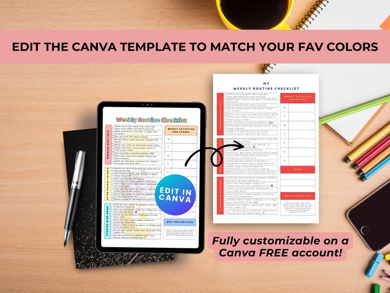 The Weekly Routine Checklist displayed on a tablet with a customised version of the checklist printed and lying beside it on the right on a wooden desk with notebooks, pencils and a coffee cup next to it