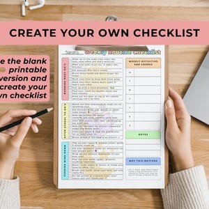 The Weekly Routine Checklist displayed on a clipboard with hands holding it either side with one hand also holding a pencil and a laptop sits to the right of the clipboard