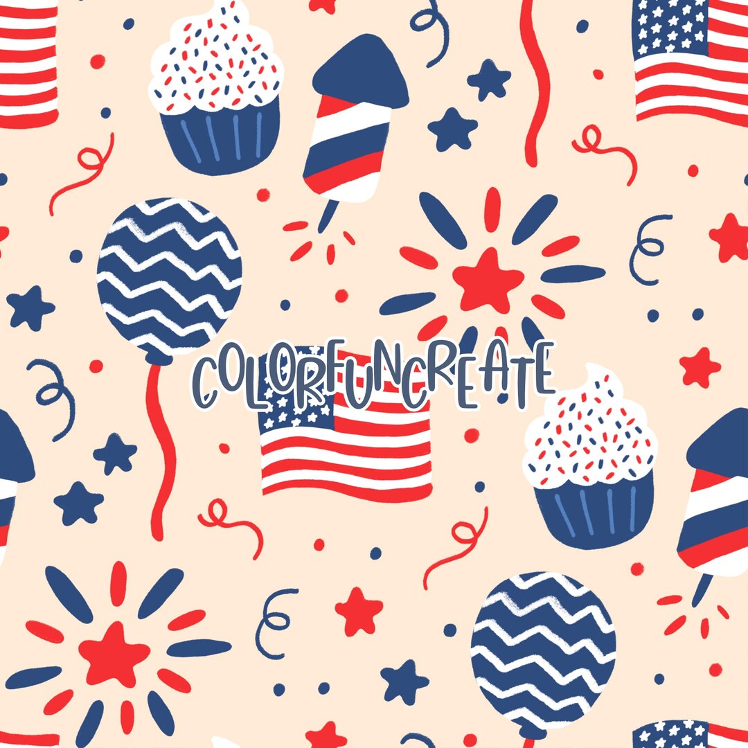 4th of July Seamless Pattern, Red White Blue Cupcakes, Balloons and ...