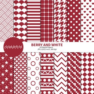 SALE Berry Red and White Digital Papers, Red Digital Paper Pack, Scrapbook Paper, Seamless Patterns