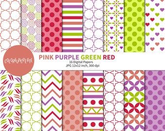 SALE Pink, Purple, Green, and Red Digital Papers, Colorful Digital Papers, Scrapbook Paper, Big Dots Patterns, Quatrefoil Patterns, Swirls