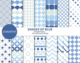 SALE Shades of Blue Digital Papers, Blue and White Digital Paper Pack, Scrapbook Paper, Shades of Blue Seamless Patterns, Blue Dots Pattern