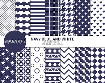 SALE Navy Blue and White Digital Papers, Digital Paper Pack, Scrapbook Paper, Blue Seamless Patterns