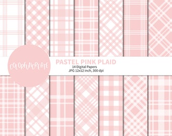 May include: A set of 14 digital papers featuring pastel pink plaid patterns. Each paper is 12x12 inches and 300 dpi. The text "PASTEL PINK PLAID" and "14 Digital Papers" is displayed on a white banner.