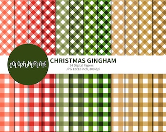 SALE Christmas Gingham Digital Papers, Christmas Gingham Patterns, Scrapbook Paper, Red Gingham Patterns, Green Gingham Patterns