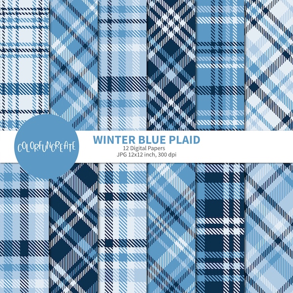 SALE Winter Blue Plaid Digital Papers, Tartan Seamless Patterns for Scrapbooking and Printables, Tartan Pattern, Holiday Design