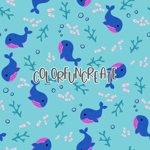 Modèle sans couture lunatique de baleine bleue, modèle ludique de l'océan pour les enfants et le tissu, papier numérique océan, téléchargement numérique