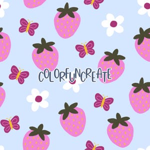 Motif papillon rose fraise marguerite, motif estival pour travaux manuels et tissus, motif floral lunatique de fruits, art numérique