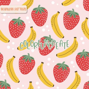 Modello senza cuciture di fragole e banane con frutta estiva, design in tessuto con motivo di frutta, carta digitale Boho, download digitale