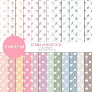 SALE Pastel Stars and Dots Digital Papers, Seamless Patterns for Scrapbooking & Crafts, Digital Printables