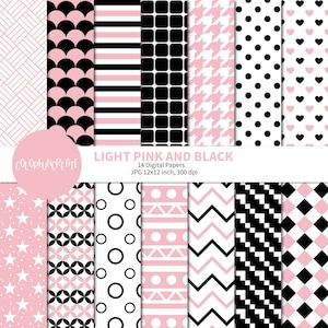 SALE Light Pink and Black Digital Papers, Pink and Black Digital Paper Pack, Scrapbook Paper, Pink and Black Seamless Patterns, Black Dots