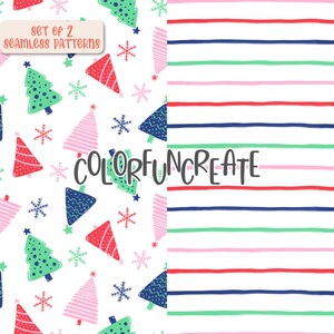 Bright Christmas Tree Seamless Pattern Bundle, Stripe Coordinate, Digital Papers, Snowflakes