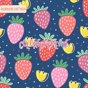 Modello senza cuciture con fragole e tulipani, frutta estiva, tessuto, design floreale stravagante, modello per ragazze, carta digitale Boho, download digitale