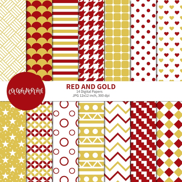 SALE Red and Gold Scrapbook Papers, Holiday Digital Paper Pack, Scrapbook Paper, Red and Gold Seamless Patterns, Red Christmas Paper Pack