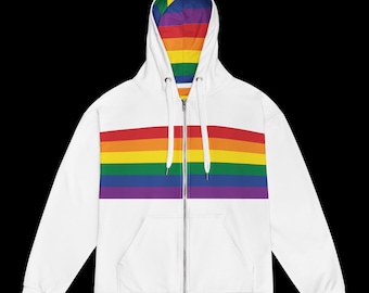 May include: White zip-up hoodie with a rainbow stripe across the chest and a rainbow-colored interior lining. The hoodie has a full zipper, a hood, and two front pockets. The rainbow design features the colors of the LGBTQ+ pride flag.