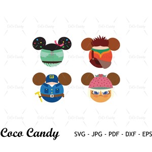 May include: Four cartoon characters with different hairstyles and outfits. Each character is a round shape with a white background. The characters are wearing a variety of hats and clothing, including a green hat with a red bow, a red hat with a brown brim, a blue hat with a red brim, and a pink hat with a red strawberry.