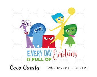 May include: A colourful graphic design featuring five characters from the movie Inside Out. The characters are Joy, Sadness, Anger, Fear, and Disgust. The text reads "Every Day is Full of Emotions".