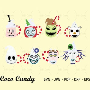 May include: Set of eight digital cut files featuring characters from the Nightmare Before Christmas movie. The characters are depicted as mugs with candy cane handles. The characters include Jack Skellington, Sally, Oogie Boogie, Zero, and more.