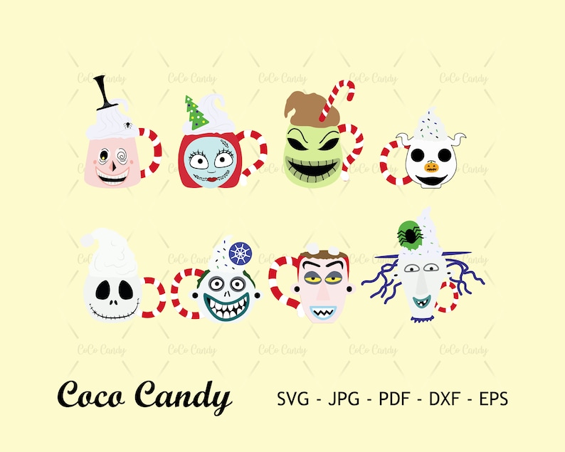 May include: Set of eight digital cut files featuring characters from the Nightmare Before Christmas movie. The characters are depicted as mugs with candy cane handles. The characters include Jack Skellington, Sally, Oogie Boogie, Zero, and more.