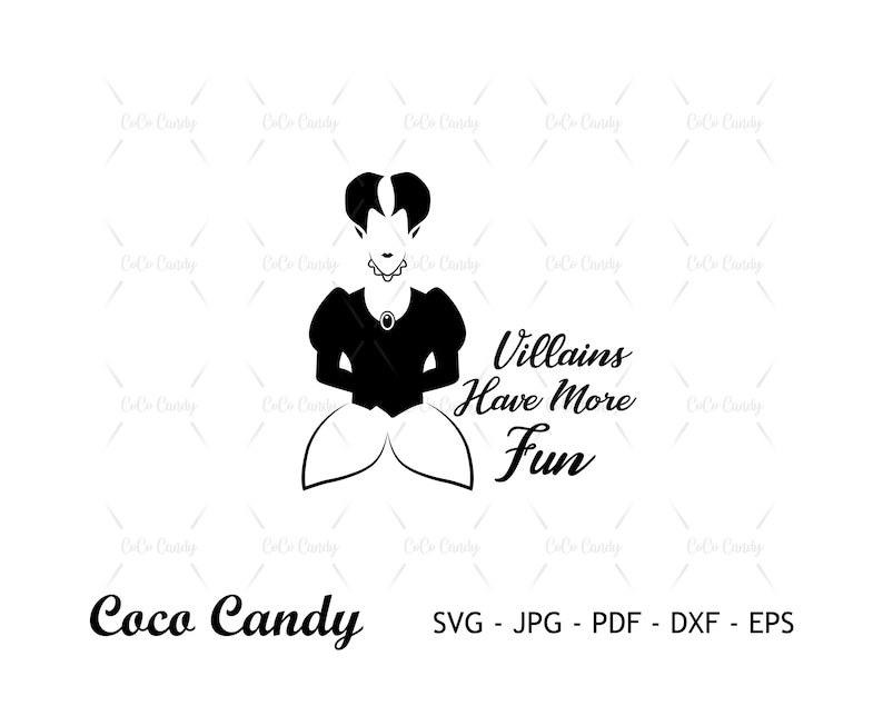 Pu&ograve; includere: Silhouette in bianco e nero di una donna con una corona, con il testo "Villains Have More Fun" sotto. Il testo "Coco Candy" &egrave; nella parte inferiore dell'immagine.
