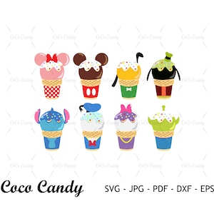 Puede incluir: Conjunto de nueve archivos de corte SVG de conos de helado con varios personajes de Disney. Cada cono tiene la cara de un personaje diferente en la parte superior, incluidos Mickey Mouse, Minnie Mouse, Stitch y m&aacute;s. Los conos est&aacute;n decorados con chispas y otros detalles.