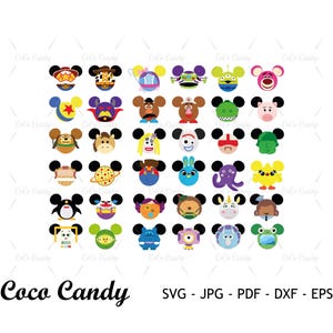 May include: A digital graphic file set featuring thirty-five circular icons of various cartoon characters with black mouse ears. The characters are arranged in a grid. Below the grid, the text reads Coco Candy SVG - JPG - PDF - DXF - EPS.
