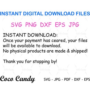 Pu&ograve; includere: File di download digitale istantanei per i formati SVG, PNG, DXF, EPS e JPG. Una volta completato il pagamento, i tuoi file saranno disponibili per il download. Non vengono prodotti o spediti prodotti fisici. Grazie per la visita! Coco Candy - SVG - JPG - PDF - DXF - EPS