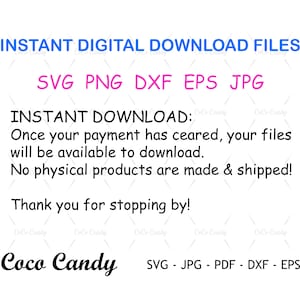 May include: Instant digital download files for SVG, PNG, DXF, EPS, and JPG formats. Once your payment is complete, your files will be available to download. No physical products are made or shipped. Thank you for stopping by! Coco Candy - SVG - JPG - PDF - DXF - EPS