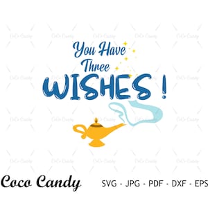 May include: A blue and yellow graphic design with a genie lamp and the text "You Have Three Wishes!"  The design is perfect for a birthday card or party invitation.