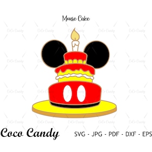 May include: A red, yellow, and white layered cake with a single lit candle on top. The cake is shaped like a Mickey Mouse head with black ears and two white circles for eyes. The cake is on a yellow plate. The text "Mouse Cake" is above the cake and the text "Coco Candy" is below the cake.