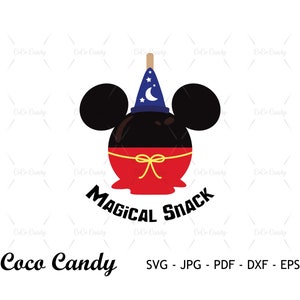 May include: A red, white, and blue Mickey Mouse-shaped candy apple with a black hat and a star on top. The text "Magical Snack" is written below the apple.