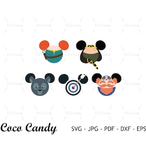 May include: Five different Disney character-themed Mickey Mouse ear headbands. The headbands are in the shape of Mickey Mouse ears and feature different characters from Disney movies. The characters include: Merida from Brave, a target with an arrow, a Viking, a black and white panda, and a character from the movie Moana.