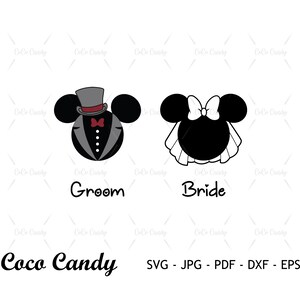 May include: Black and white silhouette of Mickey Mouse and Minnie Mouse dressed as a bride and groom. The groom is wearing a top hat and tuxedo. The bride is wearing a veil and bow. The text "Groom" and "Bride" is below the silhouettes. The text "Coco Candy" is at the bottom of the image. The text "SVG - JPG - PDF - DXF - EPS" is at the bottom of the image.