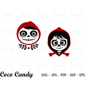 May include: Two black and white cartoon characters with red hoods. The characters have sugar skulls with large eyes and a smile. The characters are from the movie Coco.