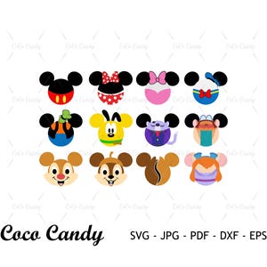 Könnte beinhalten: Ein digitales Grafikset mit zwölf kreisförmigen Charakter-Icons mit mausartigen Ohren, die verschiedene bunte Cartoon-Designs zeigen. Der Text Coco Candy steht unten, gefolgt von den Dateiformaten SVG, JPG, PDF, DXF und EPS.