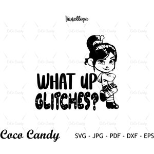 May include: Black and white digital illustration of a cartoon girl with a ponytail and the text "What Up Glitches?"  The text "Coco Candy" is below the image and "SVG - JPG - PDF - DXF - EPS" is below that.