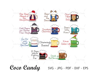 Puede incluir: Un conjunto de 10 archivos de corte SVG de jarras de cerveza coloridas con personajes de Disney y refranes sobre la cerveza. Las jarras son de varios colores, incluyendo rojo, azul, verde, amarillo y naranja. Los refranes incluyen "One Beer Ahead of the Slowpokes", "Cold Beers are Better Than People", "Go On and Drink the Beer", "A Beer Worth Fighting For", "Beer and the Beast", "Drunkenly Charming", "Beers Who Knew?", "Once Upon a Beer", "Charmingly Buzzed", y "Never Sober Up".
