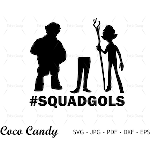 May include: Black and white silhouette of two figures, one with a staff and the other with a leg missing. The text "#SQUADGOLS" is below the figures. The text "Coco Candy" is at the bottom left of the image. The text "SVG - JPG - PDF - DXF - EPS" is at the bottom right of the image.