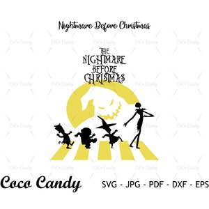 May include: A black and yellow graphic featuring characters from "The Nightmare Before Christmas" crossing a crosswalk. The text "Nightmare Before Christmas" and "Coco Candy" are also present. The image includes SVG, JPG, PDF, DXF, and EPS file formats.