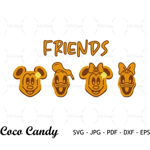 Op de afbeelding: Een digitaal ontwerp met vier cartoonfiguren, Mickey Mouse, Minnie Mouse, Donald Duck en Daisy Duck, met het woord "FRIENDS" erboven. De figuren zijn afgebeeld als wafels met een gele besprenkeling erop. De tekst "Coco Candy" staat onderaan het ontwerp, samen met de tekst "SVG - JPG - PDF - DXF - EPS".