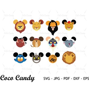 May include: A digital graphic set featuring twelve stylised character icons with round ears, including various animal faces like lions, a warthog, a mandrill, and hyenas. The text Coco Candy SVG - JPG - PDF - DXF - EPS is displayed at the bottom.