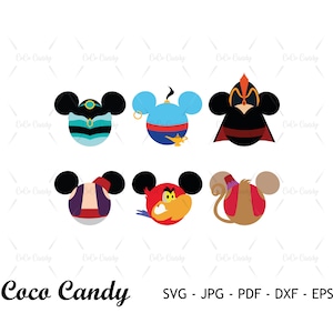 Puede incluir: Seis siluetas de cabeza de personajes de Disney diferentes en fila. Cada silueta es de un color diferente y tiene un diseño diferente. Los personajes son Jasmine, Aladdin, Jafar, Iago, Abu y Rajah.