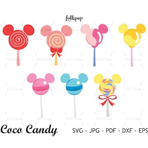 Könnte beinhalten: Satz von zehn digitalen Schnittdateien mit Mickey Mouse-förmigen Lutschern in verschiedenen Farben, darunter Rot, Rosa, Gelb, Blau und Regenbogen. Der Text "Lollipop" und "Coco Candy" ist ebenfalls im Design enthalten.