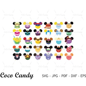 May include: A digital collection of thirty circular icons featuring stylized character heads with mouse ears, each displaying unique color schemes and accessories. The text Coco Candy SVG - JPG - PDF - DXF - EPS is printed at the bottom.