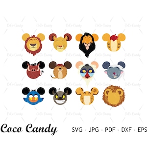 May include: A digital graphic set featuring twelve stylized character icons with round ears, including lions, a warthog, a mandrill, and hyenas in various colors. The text Coco Candy is displayed at the bottom with SVG, JPG, PDF, DXF, and EPS labels.