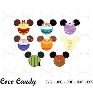 Op de afbeelding: Zeven kleurrijke Mickey Mouse-kopontwerpen met verschillende outfits. De ontwerpen zijn in een cirkel met de tekst "Coco Candy" onderaan en "SVG - JPG - PDF - DXF - EPS" rechtsonder.