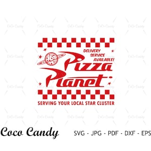 May include: Red and white chequered design with a red logo that says "Pizza Planet" with a planet and stars. The text "Delivery Service Available!" is above the logo. The text "Serving Your Local Star Cluster" is below the logo.