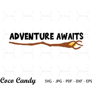 Puede incluir: Un diseño gráfico en blanco y negro con el texto "ADVENTURE AWAITS" y un palo marrón con una llama amarilla en el extremo. El texto "Coco Candy" está en la parte inferior de la imagen con el texto "SVG - JPG - PDF - DXF - EPS" debajo.